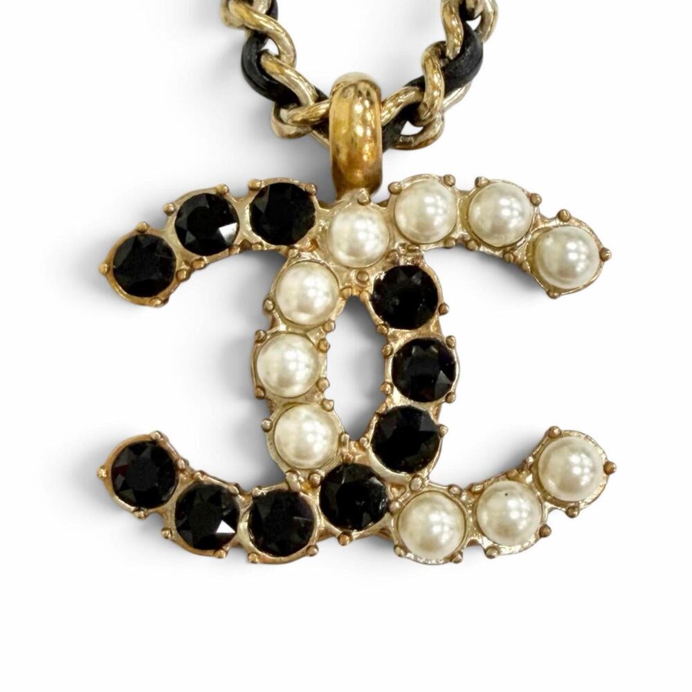 CHANEL B20B Coco Mark Rhinestone Pearl Leather Chain Necklace, Gold & Black, ...